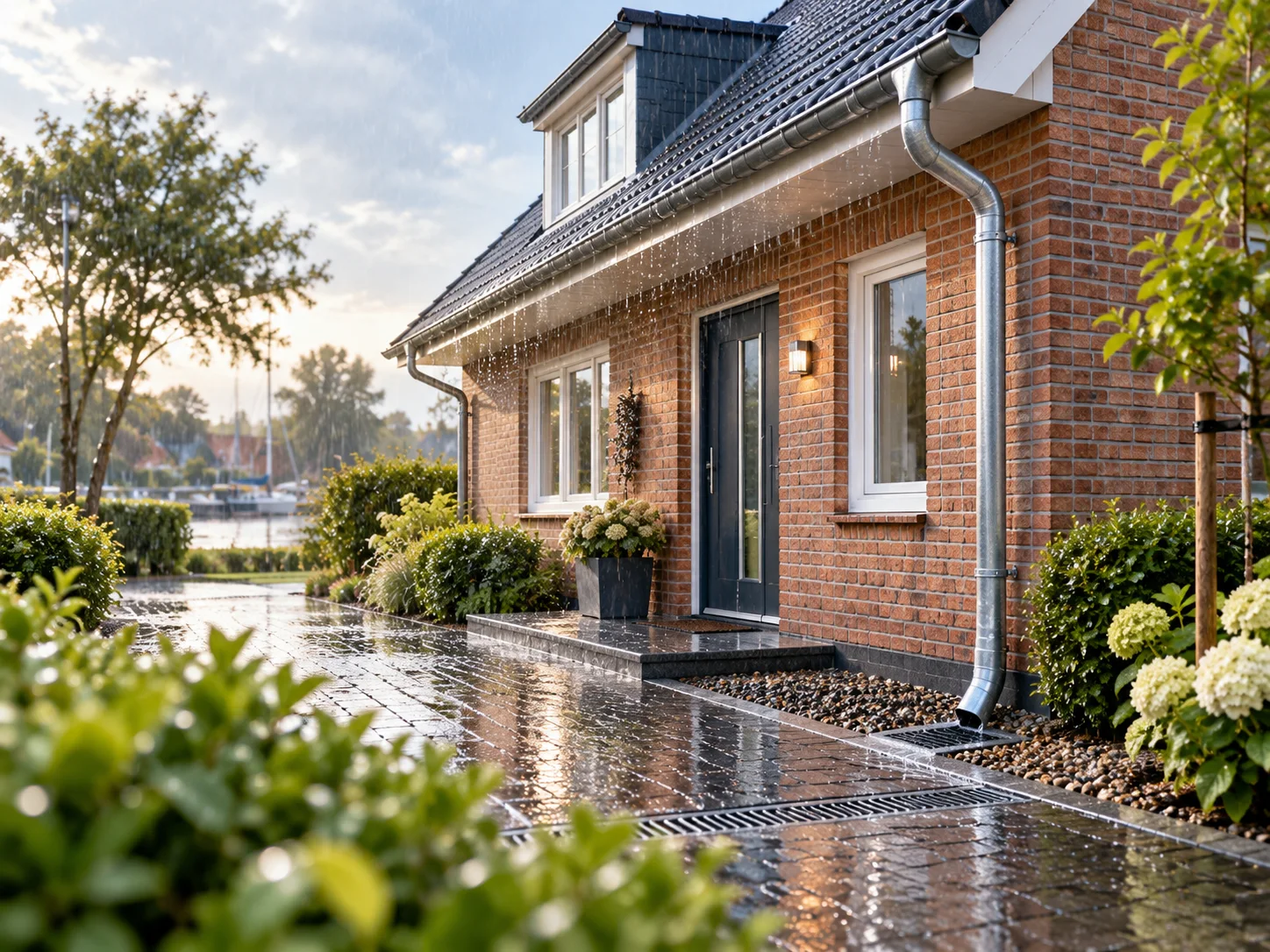 Haus an einem Wasserweg bei regnerischem Wetter als Sinnbild für Starkregenrisiken
