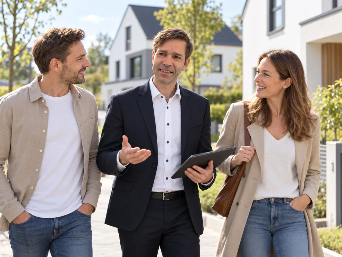 Persönlicher Berater im Gespräch zum Immobilienkauf vor einem Wohnhaus